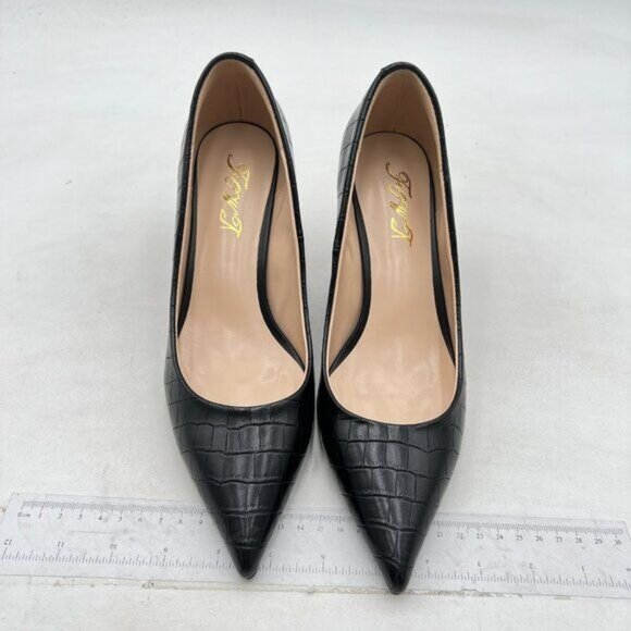 FOWT Simple Solid Croc-Embossed Pointed Toe Black Pumps for Women Black Shoes - Picture 3 of 8